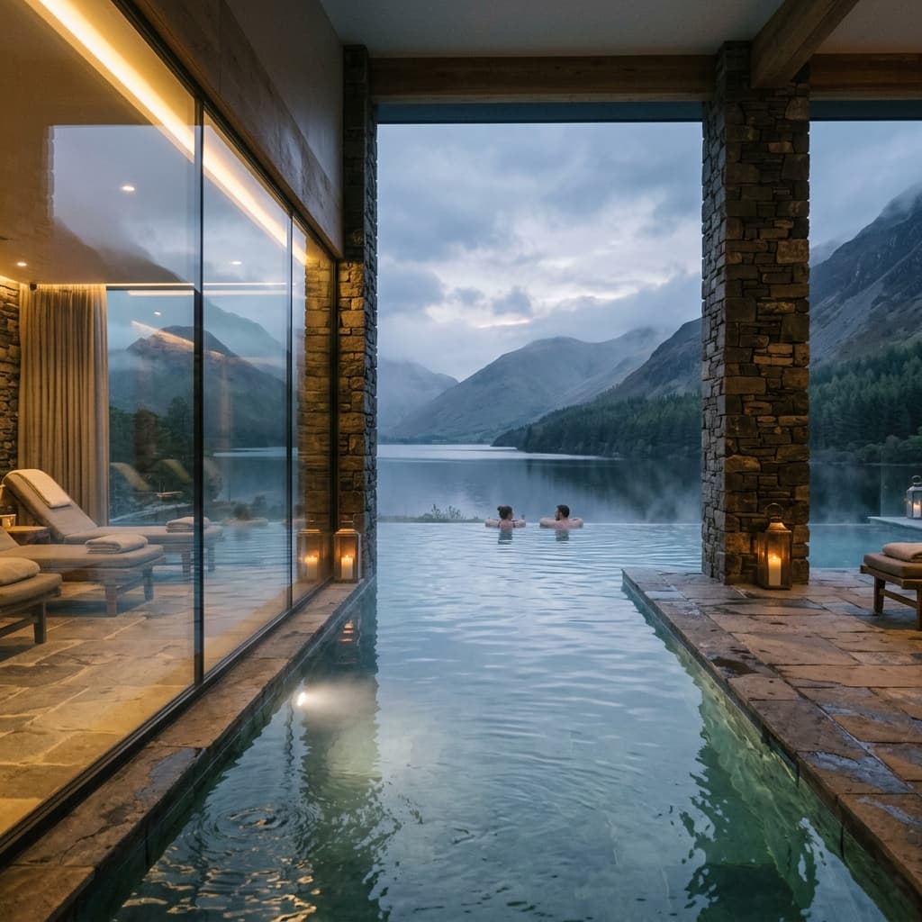 Thermal infinity pool overlooking Lake District mountains